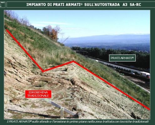 Blocco dell’erosione e rinaturalizzazione su un tratto dell’Autostrada A3 Salerno - Reggio Calabria. Il cantiere è stato realizato per il consorzio SCILLA formato dalle grandi imprese IMPREGILO e CONDOTTE senza utilizzare manufati plastici, mulch, terreno vegetale, matrici di fibre di legno o altre tecniche tradiizonali.