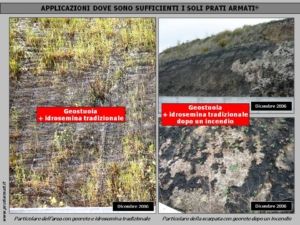 EROSIONE SCARPATE STRADALI: I materiali plastici bruciano e propagano gli incendi e rendono il terreno una colata di plastica fusa, sterile e inqunante. I PRATI ARMATI invece ricacciano dopo gli incendi. Con i PRATI ARMATI l'investimento non va in fumo.