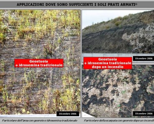 EROSIONE SCARPATE STRADALI: I materiali plastici bruciano e propagano gli incendi e rendono il terreno una colata di plastica fusa, sterile e inqunante. I PRATI ARMATI invece ricacciano dopo gli incendi. Con i PRATI ARMATI l'investimento non va in fumo.