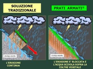 Con piogge intense il terreno vegetale, anche se integrato con biostuoie-gestuoie-bioreti-geocelle-georeti-geogriglie, si imbibisce e collassa. I PRATI ARMATI, leggeri e con le radici ben ancorate la litotipo originale schermano il versante dalle piogge, isolandolo e facendo in modo che l'acqua ruscelli sopra la coltre vegetale allettata.