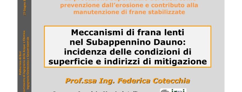 ISOLAMENTO VERSANTI: ricerche e tesi compiute al Politecnico di Bari (Prof.ssa F. Cotecchia)