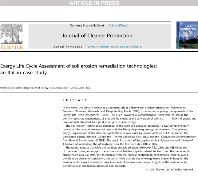 ELSEVIER 2015: Energy Life Cycle Assessment of soil erosion remediation technologies:
an  Italian case  study